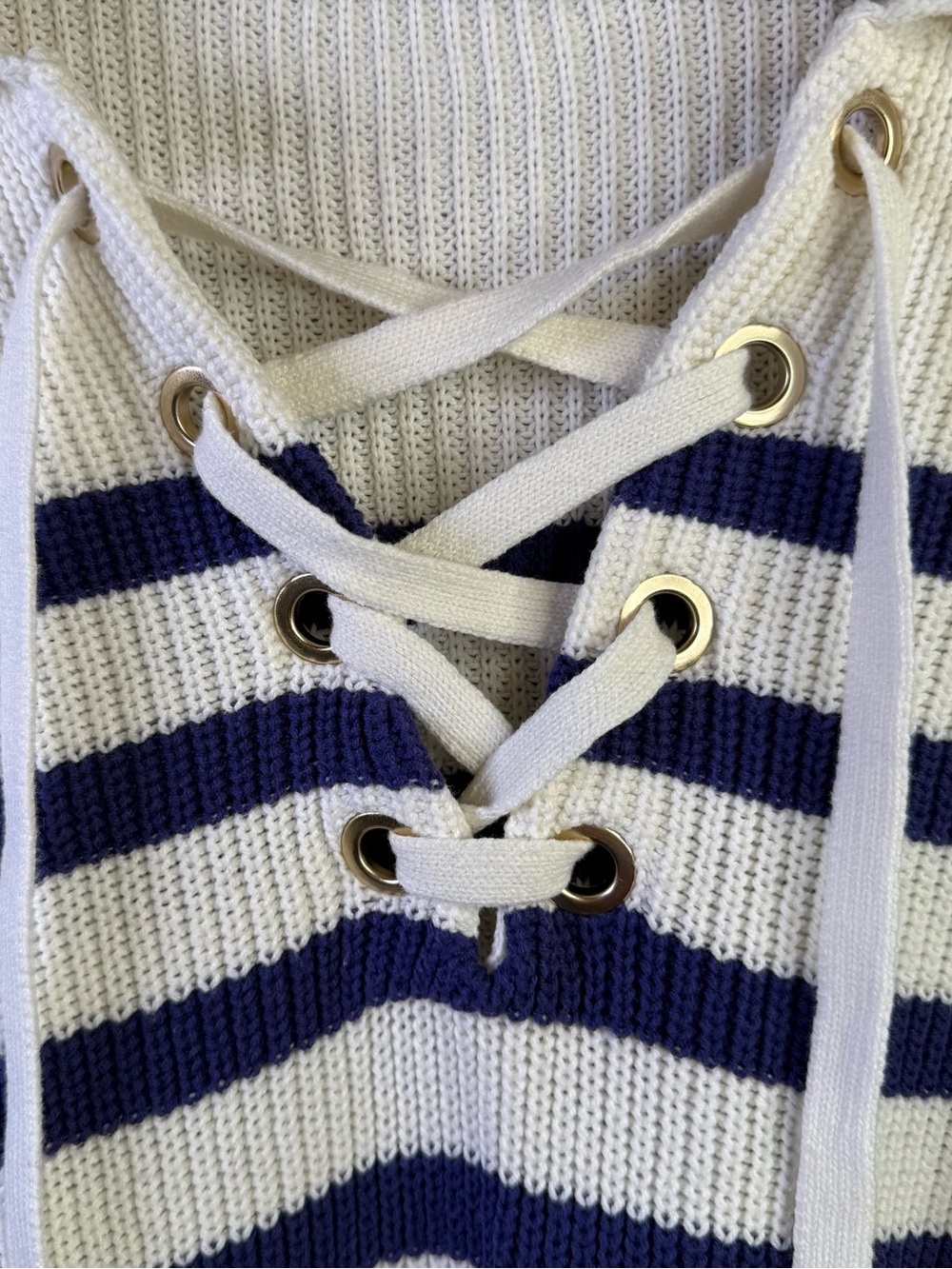 LOFT Women's Nautical Navy & White Stripe Lace Up Sweater Women’s Size Small - Picture 8 of 16